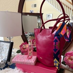 Bundle AOTA Purse Vegan Leather Bucket, pink necklace and PVC Paris Wallet.